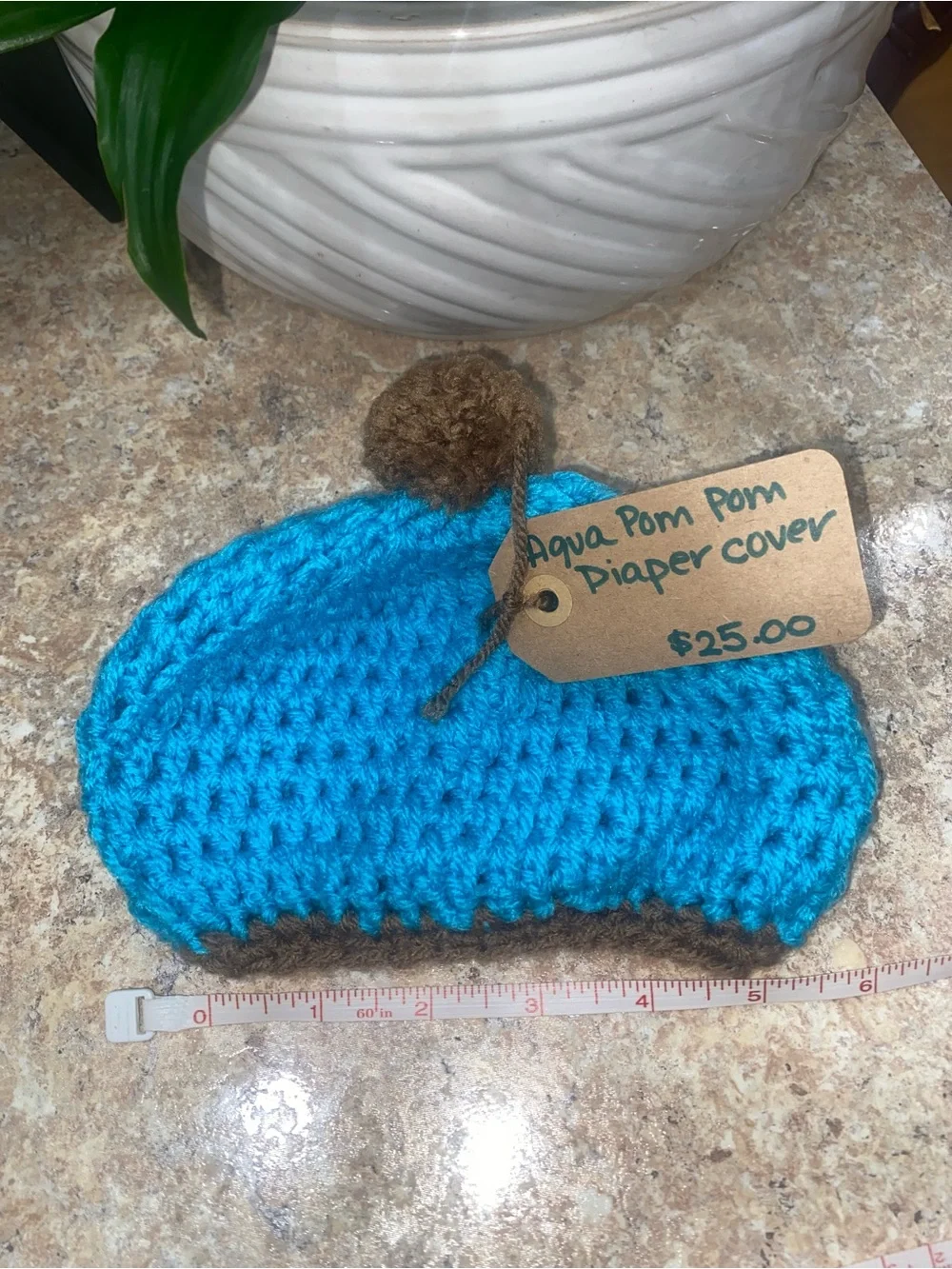 Handmade Crochet Beanie, Diaper Cover & Booties Set - Brown and Bright Turquoise